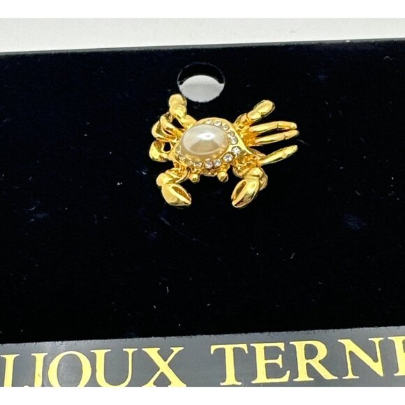 Whimsy Crab Lapel Pin Vintage Rhinestones Faux Pearl Belly Gold Tone Summer Fest - Picture 4 of 6